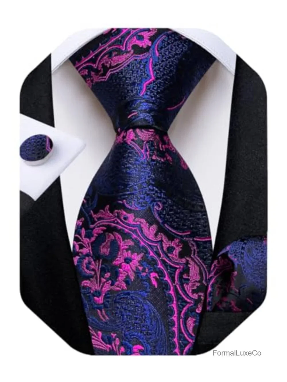 Silk Men's Tie Set with Paisley Necktie, Pocket Square & Cufflinks Formal